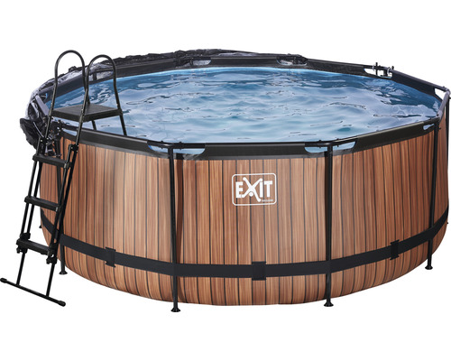 Kit piscine hors sol tubulaire EXIT WoodPool rond Ø 360x122 cm avec groupe de filtration à sable, bâche et échelle aspect bois