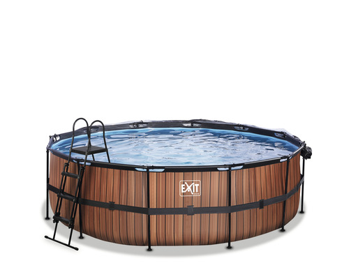 Ensemble de piscine tubulaire hors sol EXIT WoodPool ronde Ø 450x122 cm avec groupe de filtration à sable, bâche et échelle aspect bois