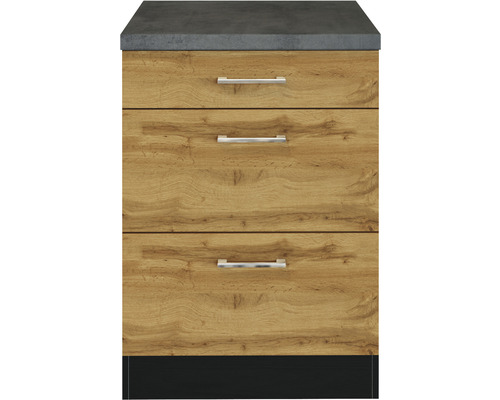 Küchenunterschrank mit drei Schubladen, Holzoptik und Arbeitsplatte