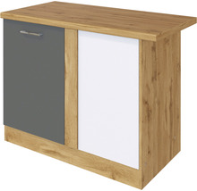 Meuble bas avec deux portes en aspect bois, gris et blanc