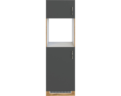 Armoire haute avec deux portes grises et un compartiment ouvert