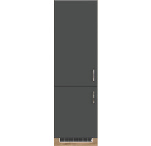 Armoire haute avec deux portes grises et poignées argentées, ainsi qu''une plinthe en bois