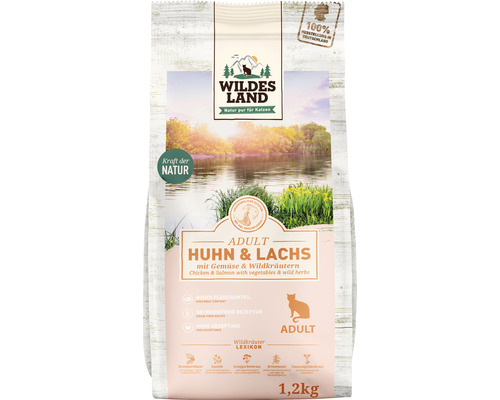 Croquettes pour chat WILDES LAND poulet et saumon avec légumes du jardin avec des supers aliments précieux, sans céréales, sans gluten 1,2 kg