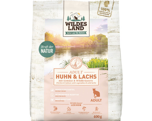 Pâtée pour chat WILDES LAND poulet et saumon avec légumes du jardin avec des supers aliments précieux, sans céréales, sans gluten 400 g