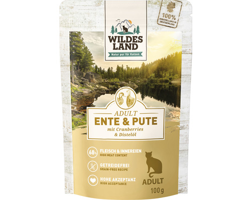 Pâtée pour chat WILDES LAND canard et dinde bio avec cranberries avec des supers aliments précieux, sans céréales, sans gluten 100 g