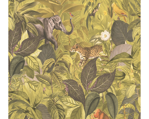 Papier peint intissé 38724-2 Pint Walls animaux de la jungle jaune Papier peint sur le thème de la jungle, comprenant un éléphant, un léopard et divers oiseaux