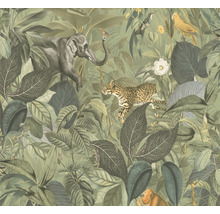 Tapete mit Dschungelmotiven, inklusive Elefant, Leopard, Affe und verschiedenen Vogelarten.
