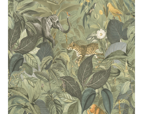 Papier peint intissé 38724-3 Pint Walls animaux de la jungle vert Papier peint avec motifs de jungle, incluant un éléphant, un léopard, un singe et diverses espèces d''oiseaux.