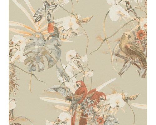 Papier peint intissé 38725-2 Pint Walls jungle perroquet beige Papier peint avec motif de perroquets et de plantes