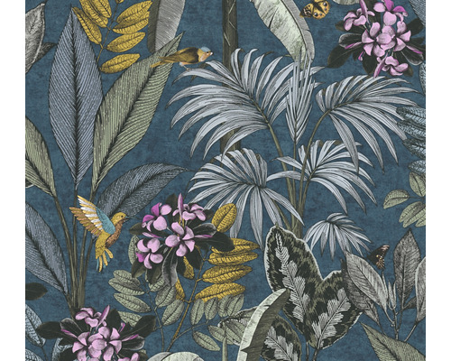Papier peint intissé 38738-3 Pint Walls nature feuilles bleu Papier peint avec motif jungle, comprenant des feuilles, des fleurs et des oiseaux