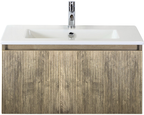 Set de meubles de salle de bains 2 pces meuble de salle de bains simple Sanox Frozen 3D lxhxp 81 x 42 x 46 cm couleur de façade chêne français avec vasque céramique blanche 75740063 Meuble-lavabo avec lavabo et robinet