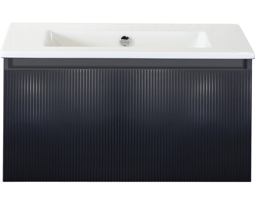 Set de meubles de salle de bains 2 pces meuble de salle de bains simple Sanox Frozen 3D lxhxp 81 x 42 x 46 cm couleur de façade noir mat avec vasque céramique blanche 75740132 Meuble sous-lavabo avec surface rainurée et vasque