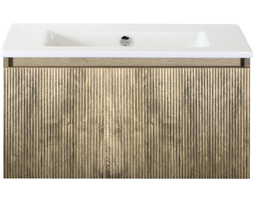 Set de meubles de salle de bains 2 pces meuble de salle de bains simple Sanox Frozen 3D lxhxp 81 x 42 x 46 cm couleur de façade chêne français avec vasque céramique blanche 75740163 Meuble-lavabo avec structure en bois et lavabo