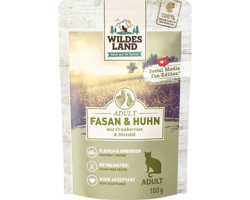 Pâtée pour chat WILDES LAND faisan et dinde avec cranberries avec des supers aliments précieux, sans céréales, sans gluten 100 g