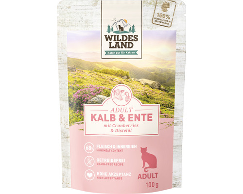 Pâtée pour chat WILDES LAND veau et canard avec cranberries avec des supers aliments précieux, sans céréales, sans gluten 100 g