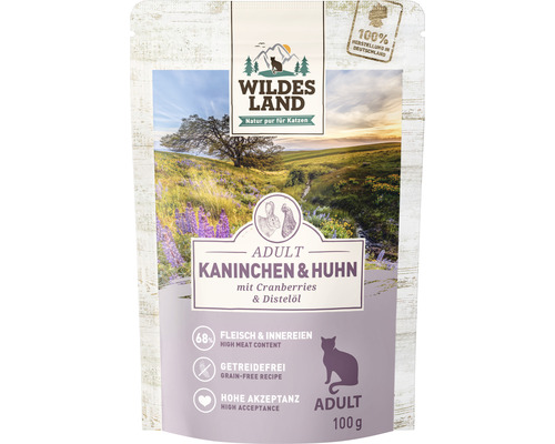 Pâtée pour chat WILDES LAND lapin et poulet avec cranberries avec des supers aliments précieux, sans céréales, sans gluten 100 g