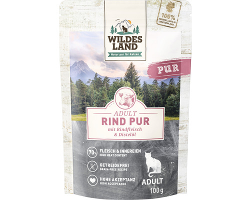 Pâtée pour chat WILDES LAND boeuf PUR à l'huile de carthame avec des supers aliments précieux, sans céréales, sans gluten 100 g