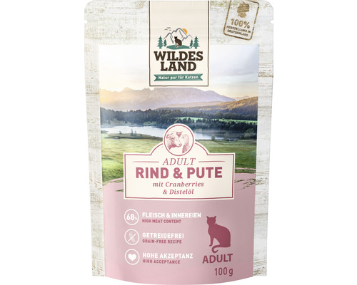 Pâtée pour chat WILDES LAND boeuf et dinde avec cranberries avec des supers aliments précieux, sans céréales, sans gluten 100 g