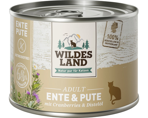 Pâtée pour chat WILDES LAND canard et dinde bio avec cranberries avec des supers aliments précieux, sans céréales, sans gluten 200 g