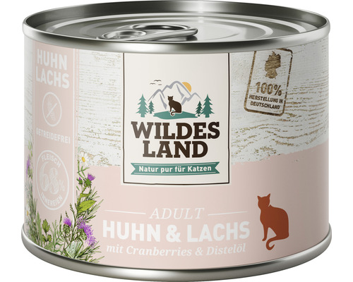 Pâtée pour chat WILDES LAND poulet et saumon avec cranberries avec des supers aliments précieux, sans céréales, sans gluten 200 g