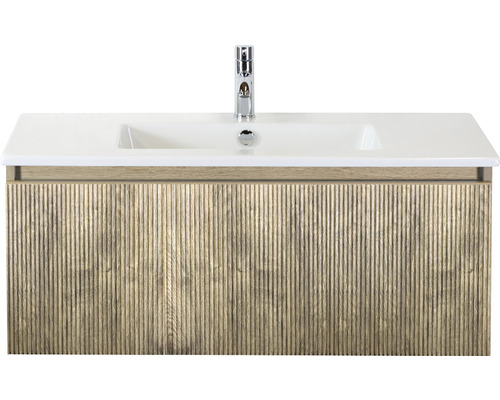 Set de meubles de salle de bains 2 pces meuble de salle de bains simple Sanox Frozen 3D lxhxp 101 x 42 x 46 cm couleur de façade chêne français avec vasque céramique blanche 75740263 Meuble sous-lavabo avec lavabo et robinetterie