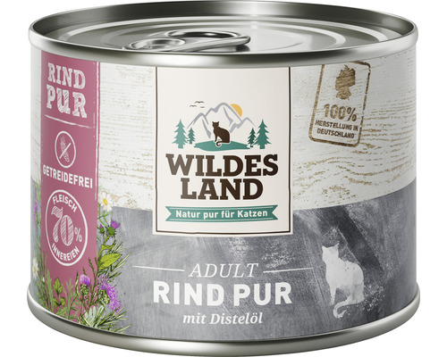 Pâtée pour chat WILDES LAND boeuf PUR à l'huile de carthame avec des supers aliments précieux, sans céréales, sans gluten 200 g