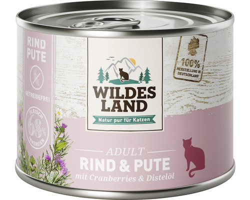 Pâtée pour chat WILDES LAND boeuf et dinde avec cranberries avec des supers aliments précieux, sans céréales, sans gluten 200 g