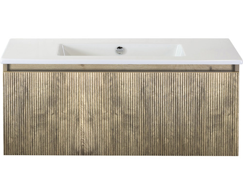 Set de meubles de salle de bains 2 pces meuble de salle de bains simple Sanox Frozen 3D lxhxp 101 x 42 x 46 cm couleur de façade chêne français avec vasque céramique blanche 75740363 Meuble sous-vasque avec lavabo