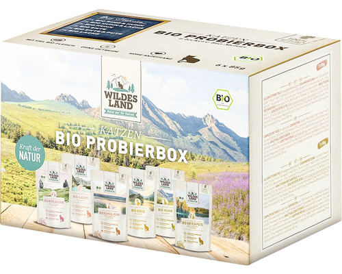 Wildes Land Katzen Bio Probierbox mit verschiedenen Geschmacksrichtungen