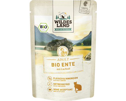 Katzenfutter nass WILDES LAND Bio Ente PUR mit Lachsöl mit wertvollen Superfoods, getreidefrei, Glutenfrei 85 g