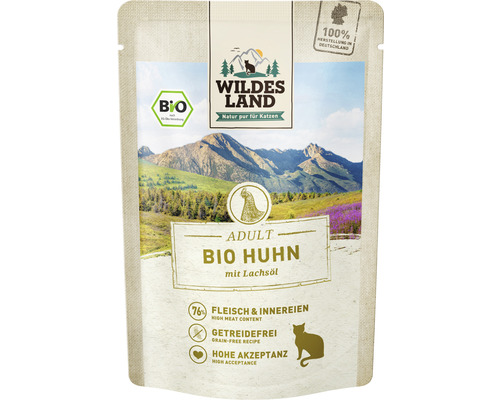 Katzenfutter nass WILDES LAND Bio Huhn PUR mit Lachsöl mit wertvollen Superfoods, getreidefrei, Glutenfrei 85 g