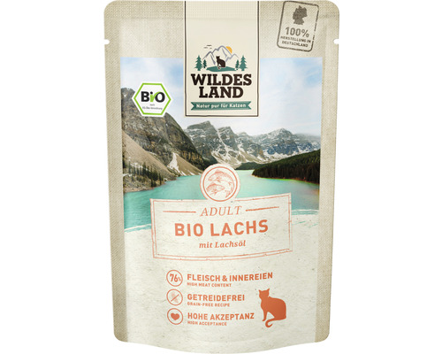 Katzenfutter nass WILDES LAND Bio Lachs PUR mit Lachsöl mit wertvollen Superfoods, getreidefrei, Glutenfrei 85 g