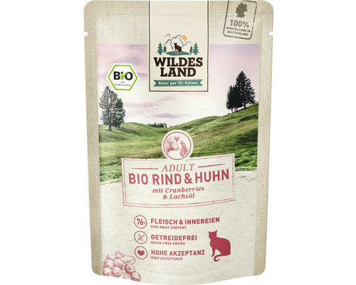 Pâtée pour chat WILDES LAND boeuf et poulet bio avec cranberries avec des supers aliments précieux, sans céréales, sans gluten 85 g