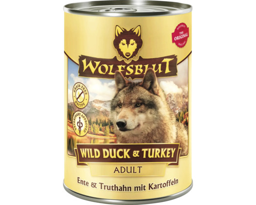 Pâtée pour chien WOLFSBLUT Wild Duck & Turkey Adult, canard et dinde avec pommes de terre avec des supers aliments précieux, sans céréales, sans gluten 395 g