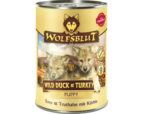 Pâtée pour chien WOLFSBLUT Wild Duck & Turkey Puppy, nourriture pour chiots, canard et dinde avec potimarron avec des supers aliments précieux, sans céréales, sans gluten 395 g