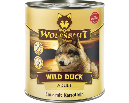 Pâtée pour chien WOLFSBLUT Wild Duck Adult, canard avec pommes de terre avec des supers aliments précieux, sans céréales, sans gluten 800 g