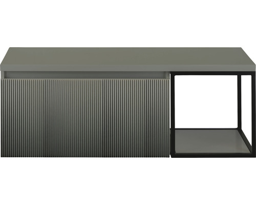 Waschtischunterschrank Sanox Frozen 3D BxHxT 120 x 43 cm x 45 cm Frontfarbe petrol mit Waschtischplatte und Seitenregal schwarz matt Grauer Waschtisch mit gerillter Front und offenem Regal