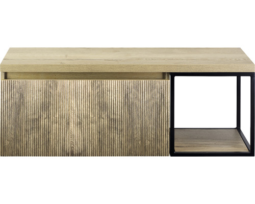 Waschtischunterschrank Sanox Frozen 3D BxHxT 120 x 43 cm x 45 cm Frontfarbe französische Eiche mit Waschtischplatte und Seitenregal schwarz matt Moderner Holz-Couchtisch mit Ablagefläche und Metallrahmen