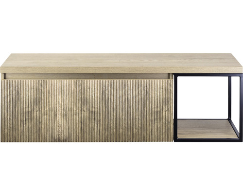 Waschtischunterschrank Sanox Frozen 3D BxHxT 140 x 43 cm x 45 cm Frontfarbe französische Eiche mit Waschtischplatte und Seitenregal schwarz matt Helles Sideboard mit Schublade und schwarzem Metallgestell