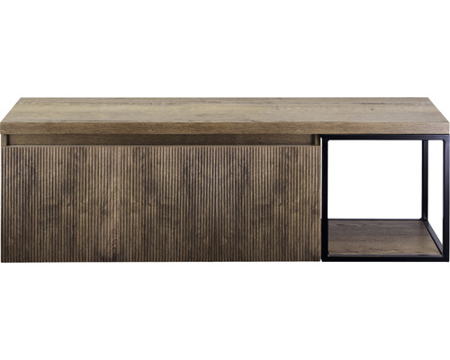 Waschtischunterschrank Sanox Frozen 3D BxHxT 140 x 43 cm x 45 cm Frontfarbe charleston mit Waschtischplatte und Seitenregal schwarz matt TV-Möbel mit Holzoberfläche, gerippter Front und offenem Fach mit schwarzem Rahmen