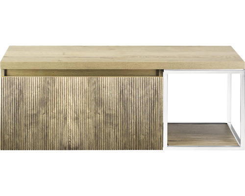 Meuble sous-vasque Sanox Frozen 3D lxhxp 120 x 43 cm x 45 cm couleur de façade chêne français avec plan de toilette et étagère latérale blanc mat Table d''appoint en bois avec cadre métallique