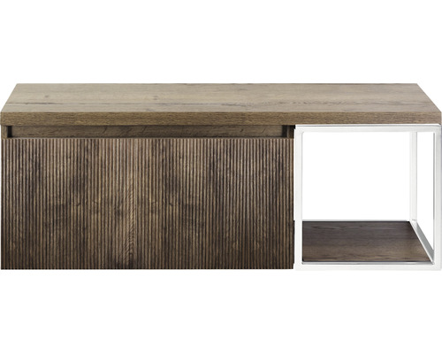 Meuble sous-vasque Sanox Frozen 3D lxhxp 120 x 43 cm x 45 cm couleur de façade charleston avec plan de toilette et étagère latérale blanc mat Console en bois avec étagère et cadre métallique