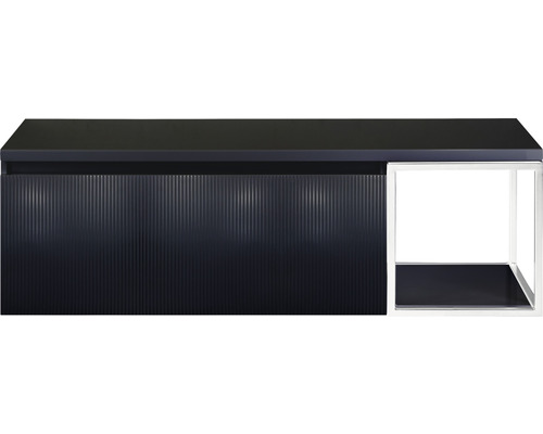 Meuble sous-vasque Sanox Frozen 3D lxhxp 140 x 43 cm x 45 cm couleur de façade noir mat avec plan de toilette et étagère latérale blanc mat Meuble sous-lavabo avec tiroir et compartiment ouvert