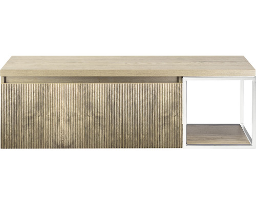 Meuble sous-vasque Sanox Frozen 3D lxhxp 140 x 43 cm x 45 cm couleur de façade chêne français avec plan de toilette et étagère latérale blanc mat Meuble sous-lavabo avec tiroir et compartiment ouvert