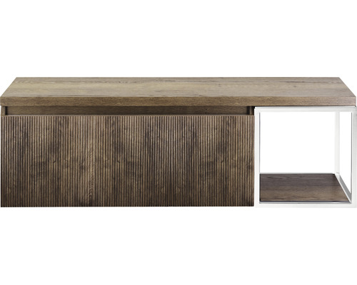 Meuble sous-vasque Sanox Frozen 3D lxhxp 140 x 43 cm x 45 cm couleur de façade charleston avec plan de toilette et étagère latérale blanc mat Meuble avec surface en bois et compartiment de rangement