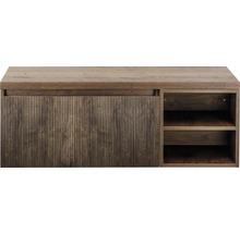 Meuble bas en bois avec porte coulissante et étagères