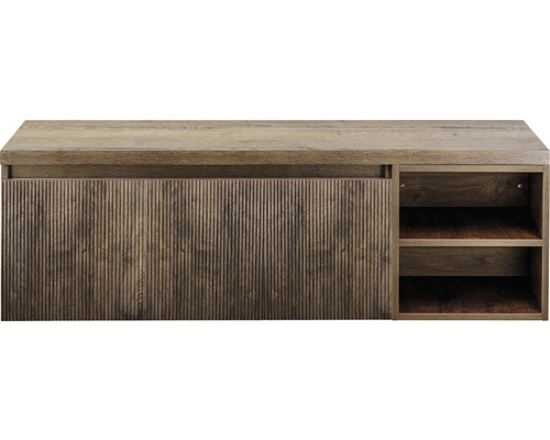 Waschtischunterschrank Sanox Frozen 3D BxHxT 140 x 43 cm x 45 cm Frontfarbe charleston mit Waschtischplatte und Regal Holzschrank mit Regalen und vertikal gerillter Tür