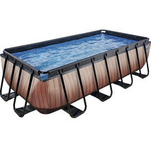 Rechteckiger Stahlrahmenpool mit Holzoptik und befülltem Becken