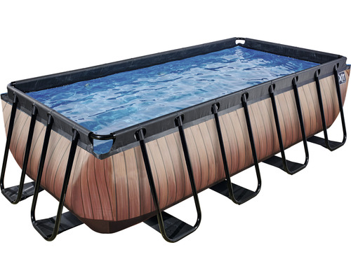 Piscine hors sol rectangulaire à cadre en acier avec aspect bois et bassin rempli