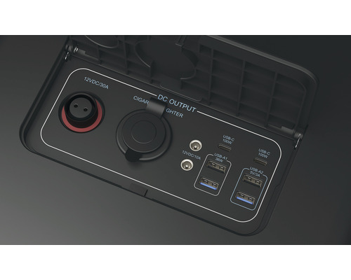 Anschlüsse für eine Powerstation mit 12 Volt DC Ausgang, USB A und USB C Anschlüssen